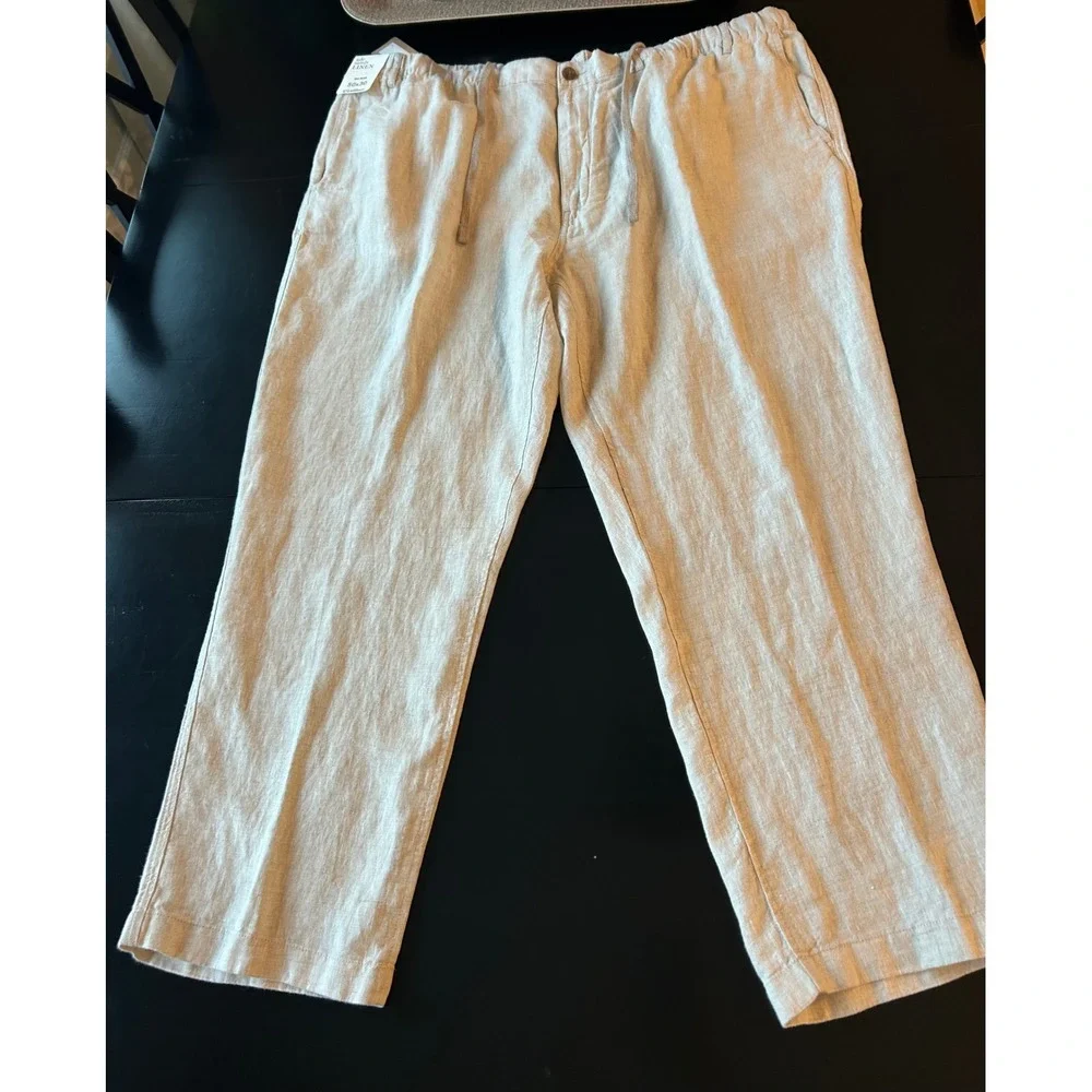 Men's Caribbean isle sands linen pants elastic waist big man 50 x 30 beige